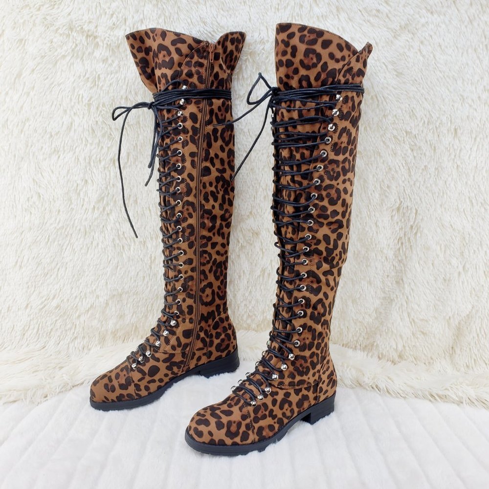 Leopard Corset Lace Over the Knee Riding Biker Boots